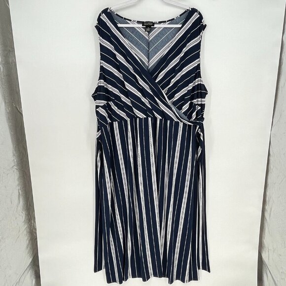 Catherines Dress Womens Size 4X Black Label Belted Navy Blue White‎ Striped - Picture 2 of 7
